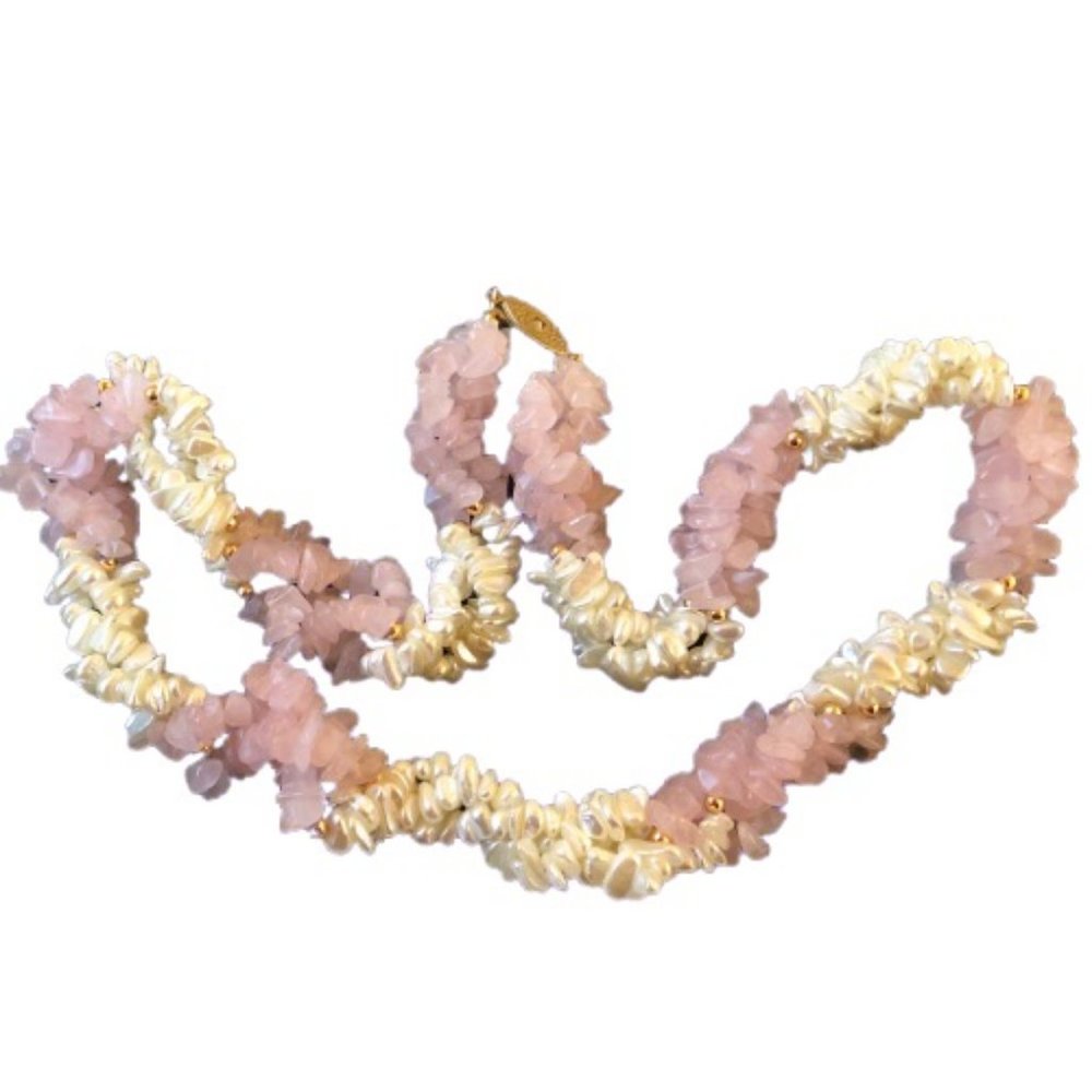 Vintage Necklace Freshwater Pearl + Rose Quartz Triple Multi-Strand Twis… - Picture 11 of 15